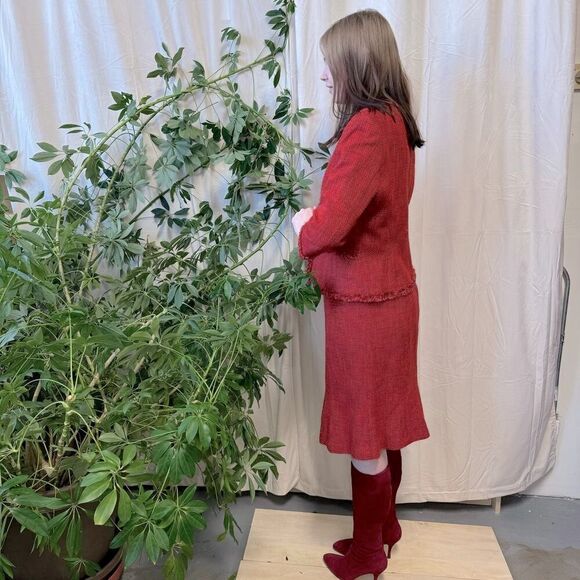 Vintage 90s Kasper Red-Orange Fringed Tweed Blazer & Skirt Suit Set, Size Medium - Picture 3 of 11
